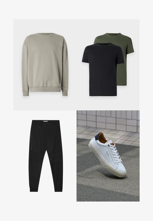 Felpa grigia chiara con collo rotondo semplice, maniche lunghe e polsini a costine, realizzata in un tessuto morbido con una texture liscia.; Due magliette a girocollo in nero e verde oliva, realizzate in morbido cotone. Il design è semplice, con maniche corte e un taglio dritto.; Pantaloni sportivi neri in tessuto texturizzato, dotati di una vita regolabile, tasca laterale con zip e polsini a gamba affusolata.; Sneaker bianca in pelle con tallone blu, punta rotonda e accenti marroni a contrasto. Presenta lacci piatti e suola in gomma testurizzata.
