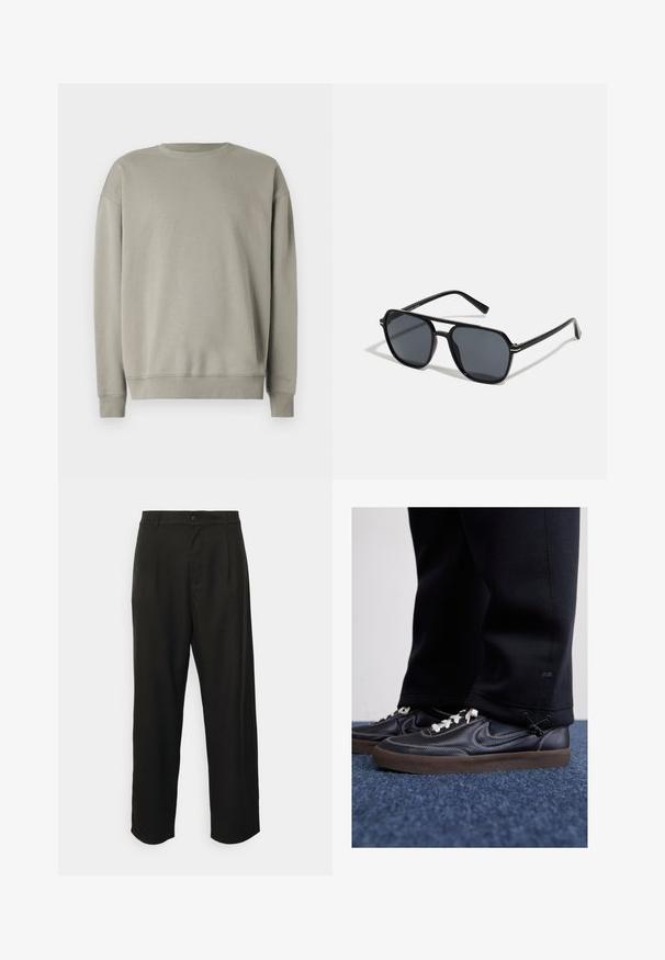 Lys grå sweatshirt med en simpel rund hals, lange ærmer og ribbede manchetter, lavet af blødt stof med en glat tekstur.; Sorte skræddersyede bukser lavet af glat stof, med lige ben-design, frontfolder og enkelt knaplukning.; Nike Sportswear KILLSHOT 2 LTR PRM OPP2 - Sneakers - black sail baroque brown mtlc dk grey; Sorte solbriller med oktagonal stel, mørke linser, blank overflade, fine stænger og guldaccenter på forsiden.