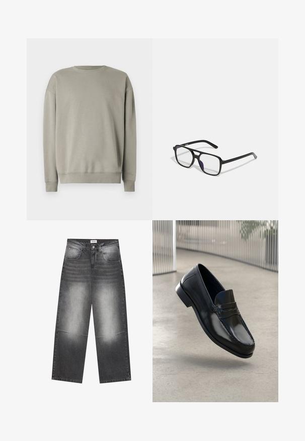 Sweatshirt gris clair avec un col rond simple, des manches longues et des poignets côtelés, fabriqué à partir d'un tissu doux à la texture lisse.; Jeans en denim noir à jambes larges avec une finition gris délavé, dotés de poches avant, d'une fermeture à bouton et de légères distorsions au niveau des genoux.; Mocassins en cuir noir à finition lisse, bout arrondi, coutures décoratives et semelle extérieure légèrement surélevée.; Lunettes rectangulaires noires avec des verres transparents et une subtile teinte violette, dotées de branches élégantes et d'un design minimaliste.