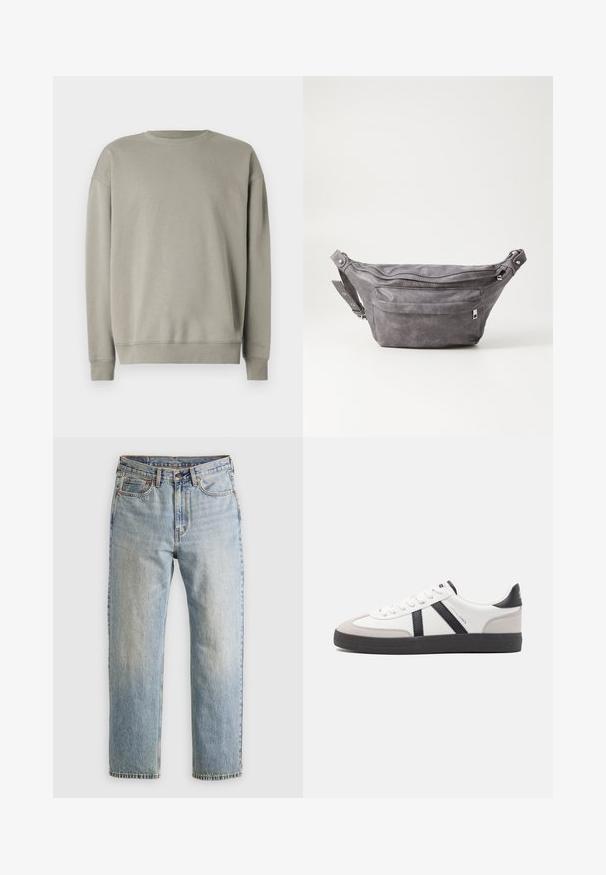 Jasnoszara bluza z prostym okrągłym dekoltem, długimi rękawami i ściągaczami, wykonana z miękkiego materiału o gładkiej teksturze.; Jasnoniebieskie dżinsy z wysokim stanem, z guzikiem z przodu, zamkiem błyskawicznym i pięcioma kieszeniami, ułożone na płasko na neutralnym tle.; Białe sneakersy z czarnymi i szarymi akcentami, z teksturowanym szarym czubkiem, czarną gumową podeszwą i płaskimi białymi sznurowadłami. Czysty design, minimalistyczny styl.; Szara zamszowa saszetka biodrowa o zaokrąglonym kształcie, z dwoma zasuwanymi komorami i regulowanym paskiem. Wyróżnia się metalowymi akcentami.
