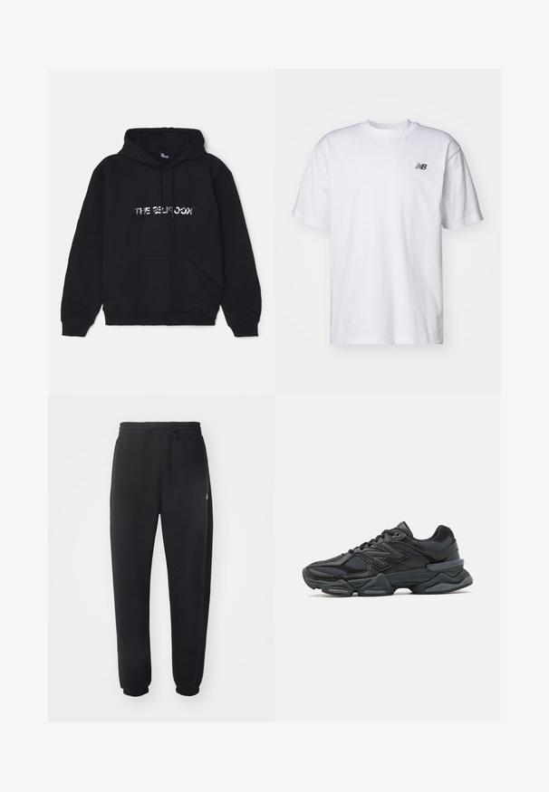 Hoodie noir en tissu épais et doux. Présente une poche avant, une capuche avec cordon de serrage et un logo en métal au centre.; T-shirt blanc à manches courtes et col ras du cou avec un petit logo New Balance noir sur la poitrine gauche, sur un fond uni.; Pantalon de sweat noir en matière douce, avec une taille élastique, un cordon de serrage et des poignets fuselés, arborant un logo discret sur le côté.; Chaussure de course noire mettant en avant un mélange de mesh et de matériaux synthétiques, avec une semelle épaisse, un design arrondi et un logo bien visible sur le côté.