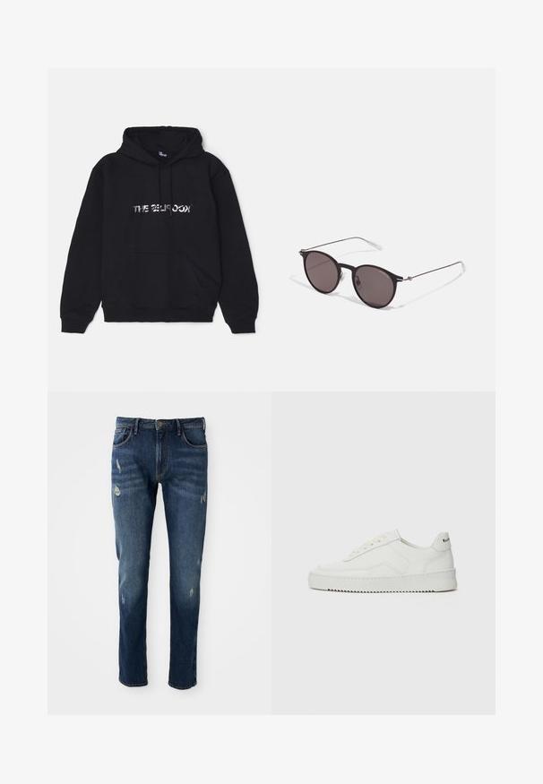 Čierna mikina s kapucňou vyrobená z mäkkej, hrubej tkaniny. Obsahuje prednú kapsu, kapucňu so šnúrkou a logom z kovového písma na strede.; Čierne bavlnené tričko s okrúhlym výstrihom, krátkymi rukávmi a bielym logom "EMPORIO ARMANI" nad textom "Milano" v zakrivenej línii.; Tmavomodré denimové jeansy s úzkym strihom, s jemným opotrebovaním na stehnách a kolenách, klasický dizajn s piatimi vreckami a zapínaním na gombík.; Biele kožené tenisky s hladkým povrchom, okrúly špičkový dizajn, ploché šnúrky a textúrovaná podrážka. Obsahujú jemné logo na päte.; Čierne okrúhle slnečné okuliare s tmavými sklami a tenkými kovovými ramenami. Obsahujú priehľadné konce rámov a strieborné akcenty na pántoch. Minimalistický dizajn.
