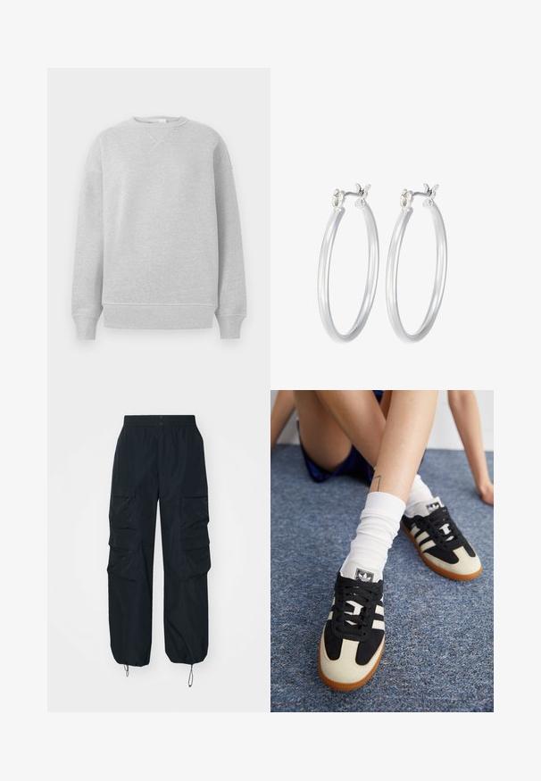 Felpa grigia chiara con scollo a girocollo, polsini e orlo a coste, realizzata in un tessuto morbido con una finitura testurizzata e una vestibilità ampia.; Top a maniche lunghe bianco con collo rotondo. Realizzato in un tessuto elasticizzato che si adatta al corpo. Presenta delle sottili righe orizzontali.; Pantaloni cargo neri realizzati in materiale leggero, con molteplici tasche laterali, vita elasticizzata e orli regolabili.; Scarpe sportive in bianco e nero con tomaia in camoscio e pelle, caratterizzate da tre strisce bianche e una suola in gomma. Paio indossato con calzini bianchi.; Orecchini a cerchio in argento con una finitura liscia e lucida. Forma rotonda e chiusura a scatto sicura. Design leggero adatto per l'uso quotidiano.