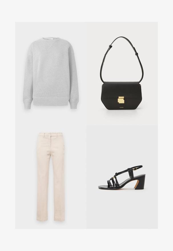 Heledhall hallidega sweatshirt, millel on ümar kaelus, soonikkoes ja äär, valmistatud pehmest kangast, millel on tekstuuriga viimistlus ja lõtv lõige.; Beige puuvillased püksid, millel on kohandatud istuvus, sirged sääred, eesmine lukuga sulgemine ja sile tekstuur. Omab traditsioonilisi vööringe.; Paul Smith AMIRA - Klassikalised kontsakingad - black; CLOSED CLOSED ONE - Ülerinna-kott - black