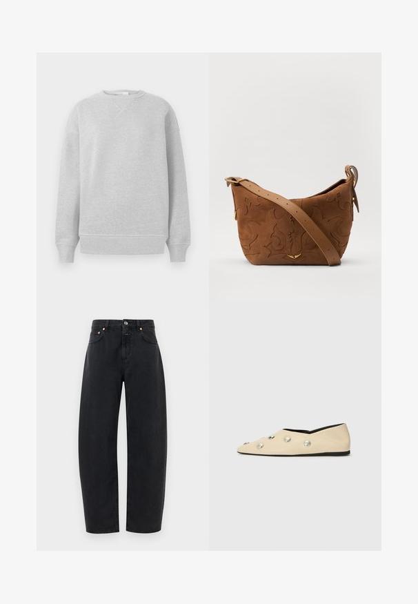 Felpa grigia chiara con scollo a girocollo, polsini e orlo a coste, realizzata in un tessuto morbido con una finitura testurizzata e una vestibilità ampia.; Jeans in denim nero con un design a gamba dritta, cinque tasche e dettagli in rame. Il tessuto ha una texture liscia e cuciture classiche.; CLOSED Ballerine - ecru; Borsa a spalla in suede marrone con design floreale impresso, completata da una morbida tracolla in pelle marrone e dettagli in metallo dorato.