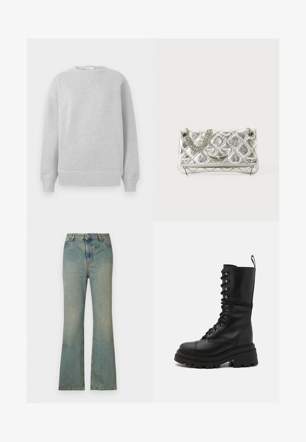 Svetlo siva majica s dugim rukavima koja ima okrugli izrez, rebraste manžete i donji rub, napravljena od mekog materijala s teksturiranim završetkom i slobodnim krojem.; Svijetloplave traper hlače s proširenim nogavicama i visokim strukom, pet džepova i patentnim zatvaračem. Čist, izbjeljeni izgled s suptilnim detaljima šivanja.; Črne usnjene čevlje za vezanje z debelim profiled podplatom, visokim zgornjim delom in teksturirano površino, opremljene z metalnimi luknjicami in zanka za pomoč pri obuvanju.; Srebrna metalna torbica z verižnim ročajem, prešita tekstura, dekorativno šivanje in zadrga. Ima embosirane dodatke na sprednji strani.