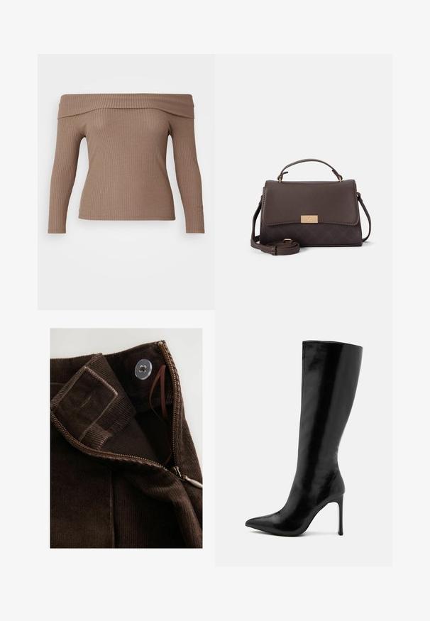 Top a maniche lunghe off-the-shoulder in un tessuto a coste di color marrone chiaro, con una silhouette aderente e una texture liscia.; Tessuto in corduroy marrone con una texture liscia, caratterizzato da una chiusura con zip e bottone e una linguetta interna per una chiusura sicura.; Stivale nero fino al ginocchio in pelle lucida, con punta affusolata e tacco a stiletto sottile. Texture liscia con design minimalista.; Borsa a tracolla in ecopelle marrone con un design strutturato, una tracolla staccabile e una chiusura in tono oro. Presenta un motivo testurizzato alla base.; Collana color oro con chiusura a granchio e un piccolo etichetta che recita "PILGRIM." Caratterizzata da una finitura liscia e testurizzata e un design elegante e allungato.