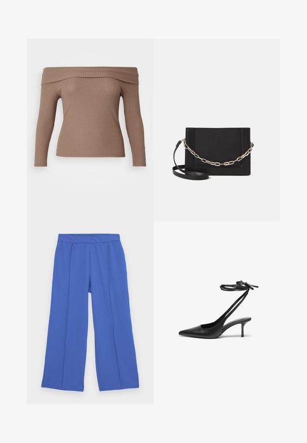 Top z dolgimi rokavi, ki se nosi na ramo, iz svetlo rjave rebraste tkanine, z oprijetim silhueto in gladko teksturo.; Široke hlače iz mehkega, raztegljivega materiala v svetlo modri barvi. Imajo ravno pasnico in dva sprednja nabora za dodaten oblikovni detajl.; Črne usnjene stiletto čevlje z ostrim nosom, odprtim hrbtom in zankami za gleženj, vezanimi v pentljo. Tanek 3-palčni pet. Gladka textura, minimalistična zasnova.; Črna usnjena torba čez ramo z gladko teksturo, pravokotno obliko in kovinskim verižnim detajlom spredaj. Vključena je nastavljiva naramnica.