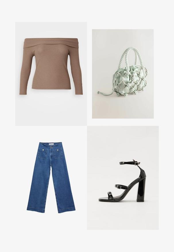 Top a maniche lunghe off-the-shoulder in un tessuto a coste di color marrone chiaro, con una silhouette aderente e una texture liscia.; Jeans in denim a gamba larga con un lavaggio blu medio, due tasche frontali con chiusura a bottone e dettagli cuciti lungo gli orli.; Sandali con tacco alto in vernice nera con due cinturini con fibbia, punta quadrata e tacco spesso a blocco, caratterizzati da una texture liscia e lucida.; Next Borsa a mano - blue