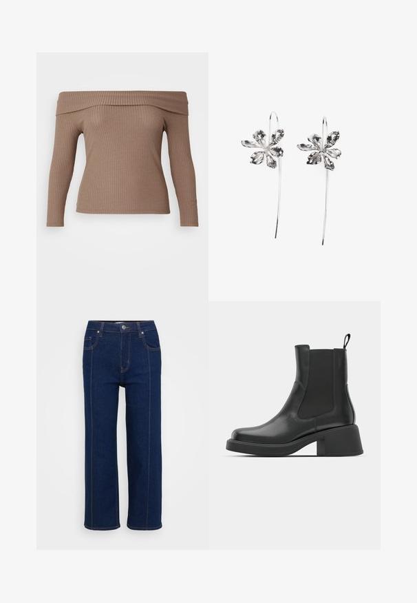 Õlavarrelt paljastav pika varrukaga topp heledast pruunist ribatootest, millel on keha lähedane siluett ja sile tekstuur.; Tumedad sinised sirged teksad nööp sulgemisega, esi- ja tagataskud ning nähtavad oranžid õmblused õmblustes.; Mustad nahast ankle boots elastsete külgpaneelidega, ümar varvas ja paks plokk kõrgus. Sile tekstuur ja minimalistlik disain.; Hõbedased lillekujulised kõrvarõngad tekstureeritud viimistlusega, pikal konksul ja kroonlehtedetaoliste detailidega, moodustades keeruka disaini.