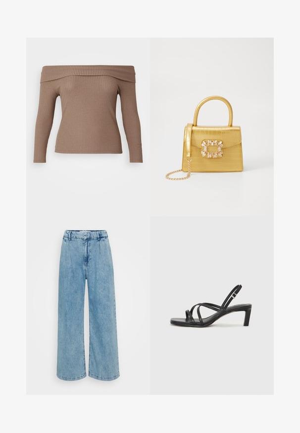 Halenka s dlouhým rukávem a odhalenými rameny v světle hnědé žebrované tkanině, se sexy siluetou a hladkou strukturou.; Svetlomodré riflové nohavice s širokými nohavicami a vysokým pásom, s prešívaním, hladkým povrchom a upravenými okrajmi.; Čierne sandále na vysokom podpätku so štvorcovou špičkou a nízkym blokovým podpätkom. Obsahujú viacero tenkých popruhov a nastaviteľný členkový popruh. Vyrobené z hladkej kože.; Žltá falošná krokodília kabelka so štruktúrovaným dizajnom, horným držadlom, odnímateľným reťazovým popruhom a dekoratívnym kryštálovým ozdobením na zapínaní.