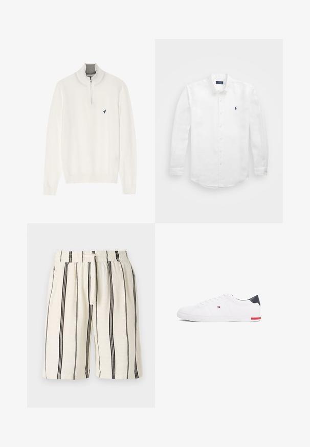 Balts svītrojums ar pelēku rāvējslēdzēja apkakli, ar garām piedurknēm un mazu zilu putnu logo uz krūtīm. Mīksta, gluda tekstūra.; Balta garām piedurknēm krekls no kokvilnas ar pogāmu apvalku, ar mazu tumšzilgu logo kreisajā krūtī un klasisku pogu aizdari.; Linsēšanas šorti ar krēmkrāsas pamatni un vertikālām melnām svītrām, elastīgu jostu un auklu. Brīvā piegriezumā, līdz ceļiem.; Baltas zemu topu sporta apavus, kas izgatavoti no gludas ādas. Satura tumši zilu papēža daļu un sarkanu akcentu uz zoles. Seši caurumi šņorēm.