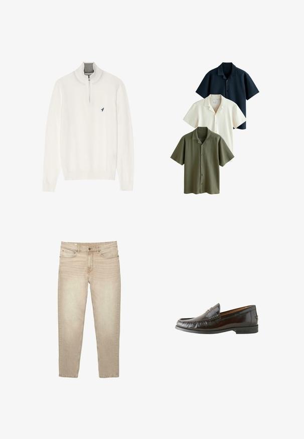 Bijela pulover majica sivi zip ovratnik, s dugim rukavima i malim plavim pticom logotipom na prsima. Mekana, glatka tekstura.; Next REGULAR FIT - CUBAN COLLAR TEXTURED SHORT SLEEVE 3 PACK - Majica - blue green white; Bež traperice ravnog kroja, pet džepova, sa zatvaranjem na dugme i patentni zatvarač, te poderanim rubom na dnu.; Smeđe kožne mokasine s glatkom površinom, šivenim detaljima, niskom petom i zaobljenim vrhom. Đon je od crne gume za bolje prianjanje.