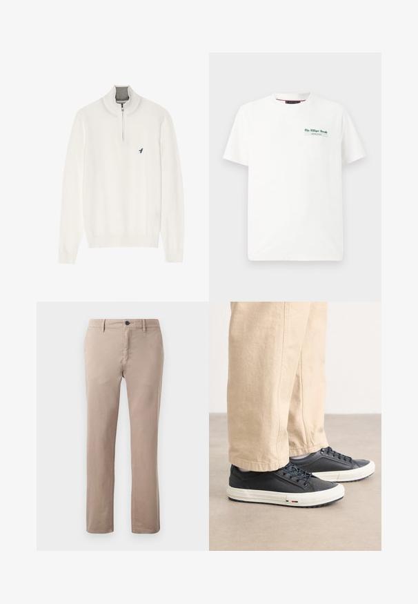Hvit genser med grå glidelås i kragen, med lange ermer og en liten blå fuglelogo på brystet. Myk, glatt tekstur.; Hvit bomulls t-skjorte med korte ermer, rund hals, med et grønt trykk på venstre bryst som sier "The Milliger Herald" og "MCHLXXXV."; Lys beige bomull chinos med rette ben, frontlommer og en enkelt knapp øverst i livet. Glatt tekstur med sømmer.; Mørkeblå joggesko med glatt skinnoverdel, hvit gummisåle og detaljert snøring. Kombinert med beige, løstsittende bukser.