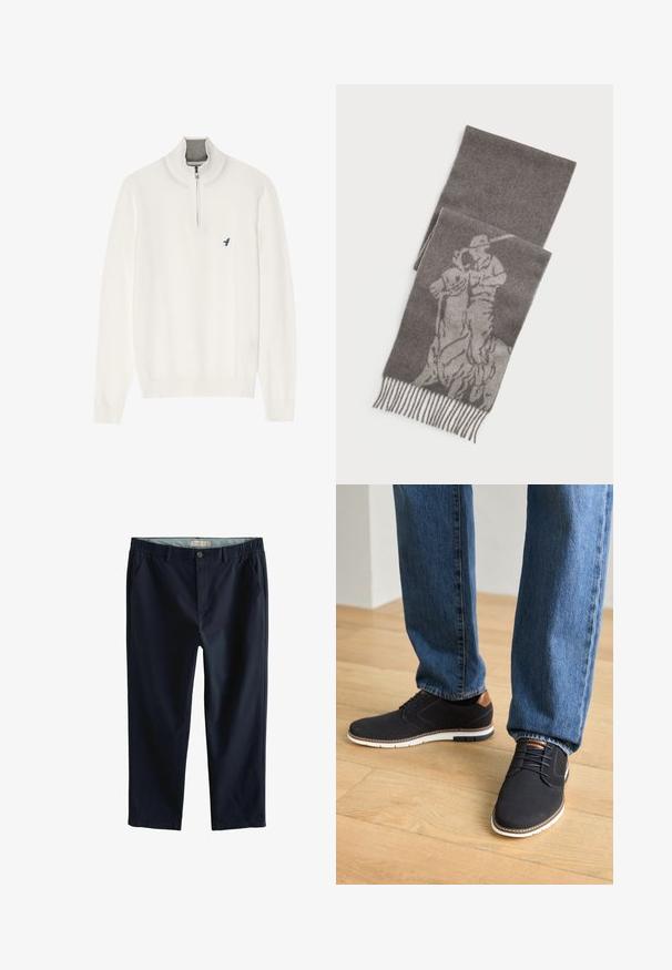 Fehér pulóver, szürke cipzáras gallérral, hosszú ujjakkal és egy kis kék madár logóval a mellkasán. Puha, sima textúra.; Sötétkék, laza nadrág elasztikus derékpánttal, elülső zsebekkel és sima textúrával. A derékpánt mellett egy kis logó címke található.; Fekete, textúrált anyagból készült cipők fehér talppal, barna bőr kiegészítőkkel és fűzőkkel, kék farmerral egy fából készült padlón.; Szürke kötött sál finom szőtt mintával, amelyen egy lóval ábrázolt figura látható, frufrus szélekkel a textúra és részletgazdagság érdekében.