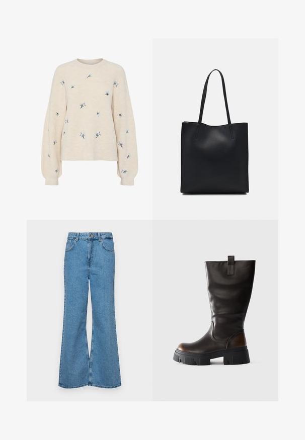 Beige sweater met ribbelstructuur, voorzien van blauwe bloemembroidery. Ronde halslijn en losse, lange mouwen.; Lichtblauwe flared jeans van denim, met een hoge taille, vijf zakken en een enkele knoopsluiting. Zachte textuur met een vervaagde afwerking.; Hoge zwarte leren laars met chunky zwarte plateauzool en bruine accent op de hak, zij-aanzicht op een lichtgrijze achtergrond.; Zwarte leren handtas met een gladde textuur, rechthoekige vorm en twee lange handvaten. Geen zichtbare hardware of versieringen.