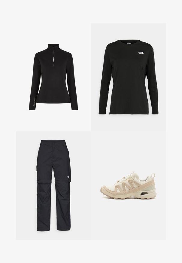 Sort langærmet sweater med halvlukket krave. Har "ONEILL" logo på forsiden og "POLARTEC" branding på ærmet, lavet af blødt stof.; Sort langærmet t-shirt lavet af bomuld med rund hals. Har et lille hvidt logo på venstre brystområde. Enkel design og pasform.; Sorte nylon cargo bukser med lynlås, justerbare manchetter, flere lommer og et logo på højre ben. Glat, let tekstur.; Beige og creme atletiksko med struktureret mesh-overdel, støttende overlays og gummiyderside med et mønster for trækkraft.