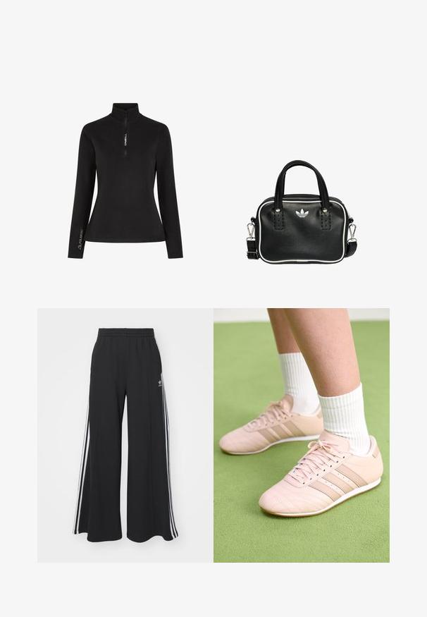 Schwarzer Langarmpullover mit halbem Reißverschlusskragen. Mit "ONEILL"-Logo auf der Vorderseite und "POLARTEC"-Markierung am Ärmel, aus weichem Stoff gefertigt.; Schwarze weite Sweatpants mit elastischem Bund, versehen mit weißen Seitestreifen und einem gestickten Logo auf dem linken Oberschenkel.; Helle rosa Sportschuhe mit schrägen Nähten, weißen Sohlen und drei seitlichen Streifen. Getragen mit gestreiften weißen Socken auf grünem Untergrund.; Schwarze Lederhandtasche mit zwei kurzen Griffen, silbernem Zubehör, weißen Akzenten und einem weißen Logo. Verfügt über eine strukturierte Oberfläche und ein kompaktes Design.