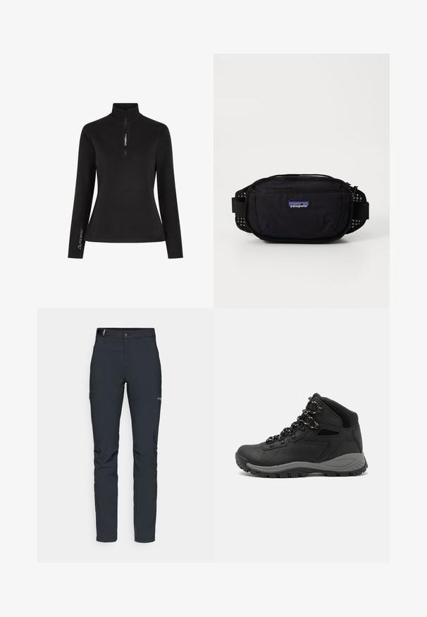 Zwarte lange mouwen pullover met een halve rits kraag. Voorzien van het "ONEILL" logo op de voorkant en "POLARTEC" branding op de mouw, gemaakt van zachte stof.; Heren buitenbroeken, donkergrijs, gemaakt van flexibel materiaal, met een riem, ritszakken en verstevigde stiksels.; Zwarte wandelschoen met een mid-top ontwerp, voorzien van een gestructureerde bovenkant, grijze accenten en een duurzame rubberen zool met gripnoppen.; Zwarte Patagonia heuptas met een hoofdcompartiment met rits, gaasaccenten aan de zijkanten en een verstelbare schouderband. Voorzien van een merklogo aan de voorkant.