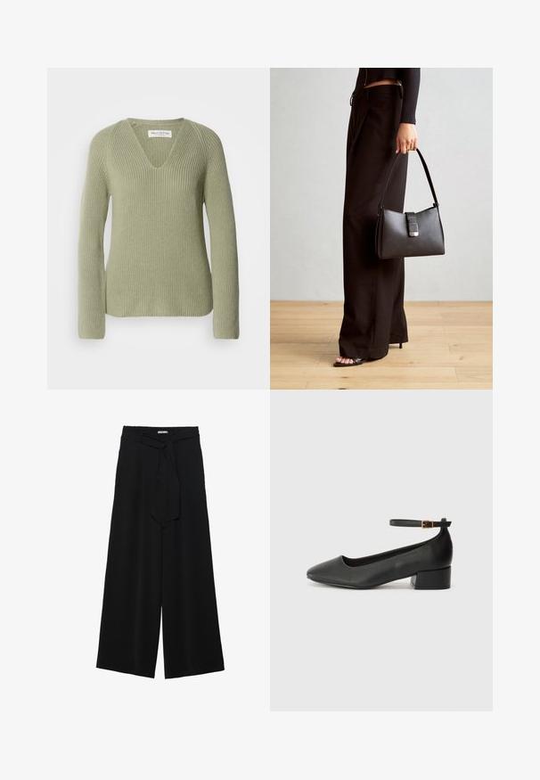 Strickpullover in Hellgrün mit V-Ausschnitt, langen Ärmeln und strukturiertem Rippmuster. Etikett am Ausschnitt sichtbar.; Schwarze weite Hosen aus strukturiertem Stoff, mit elastischem Bund und einem abnehmbaren Bindegürtel in der Taille für eine verstellbare Passform.; Schwarze Lederpumps mit spitzem Zehenbereich und niedrigem Blockabsatz. Mit einem Knöchelriemen und einer goldfarbenen Schnalle. Glatte Textur.; Schwarze Handtasche mit strukturierter Form, glatter Textur und einem metallischen Verschluss. Kombiniert mit weiten schwarzen Hosen und offenen Sandalen auf einem Holzboden.