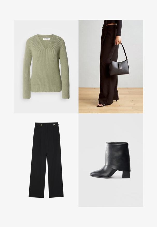 Maglione lavorato a maglia di colore verde chiaro, con scollo a V, maniche lunghe e una texture a coste. Etichetta visibile sul colletto.; Pantaloni neri a gamba larga con vita alta, dettagli con bottoni in vita e pieghe frontali.; Stivale in pelle nera alla caviglia con punta affusolata, texture liscia e tacco a blocco strutturato. Presenta un design con risvolto alto.; Borsa nera con forma strutturata, texture liscia e una chiusura metallica. Abbinata a pantaloni neri larghi e sandali open-toe su un pavimento in legno.