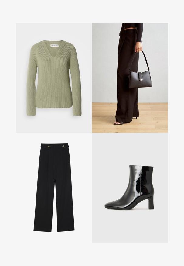 Strikkegenser i lys grønn, med V-hals, lange ermer og ribbestruktur. Merket synlig ved utringningen.; Svart vide bukser med høy midje, knappdetaljer på midjebåndet og frontplisser.; Sorte patentlær ankle boot med spiss tå og en mellomhøy blokkhelt. Glatt tekstur og minimalistisk design.; Svart håndveske med strukturert form, jevn tekstur og metallisk lås. Kombinert med brede svarte bukser og sandaler med åpen tå på tregulv.
