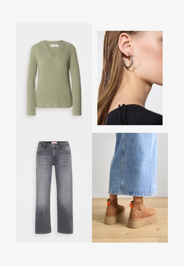 Pletena pulover u svijetlozelenoj boji, s V-izrezom, dugim rukavima i rebrastom teksturom. Oznaka vidljiva na izrezu.; Sive traperice sa ravnim nogavicama, stil pet džepova, blago izblijedjele i s kopčanjem na gumbe u struku.; Smeđe suede platform čizme s elastičnim bočnim panelima i narančastim vučnim trakama, uparenim s suknjom od svijetlog denima do koljena na drvenom podu.; Srebrna kružna naušnica s poliranim završetkom, koja ima male zlatne detalje i okrugli oblik, nošena na uhu.