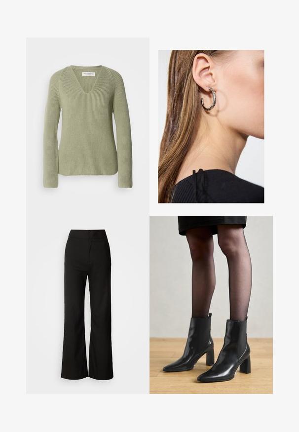 Strickpullover in Hellgrün mit V-Ausschnitt, langen Ärmeln und strukturiertem Rippmuster. Etikett am Ausschnitt sichtbar.; Schwarze weit geschnittene Hosen mit glatter Textur, hoher Taille und klarem Design. Keine sichtbaren Taschen oder Verzierungen.; Schwarze Leder-Ankle-Boots mit spitzer Zehenform, klobigem quadratischem Absatz und schlankem Design. Verfügt über elastische seitliche Einsätze für leichtes An- und Ausziehen.; Silberne Creolen mit polierter Oberfläche, die kleine goldene Akzentdetails und eine runde Form aufweisen, am Ohrläppchen getragen.