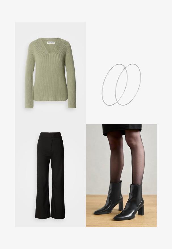 Stickad tröja i ljusgrön, med V-hals, långa ärmar och ribbad textur. Etikett synlig vid halslinningen.; Svarta vida byxor med en slät textur, hög midja och en enkel design. Inga synliga fickor eller dekorationer.; Svarta läderankelstövlar med spetsig tå, kraftig kvadratisk klack och en slank design. Har elastiska sidopaneler för enkel påtagning.; Silverfärgade hoopörhängen med en minimalistisk design. Cirkulär form, slät yta och tunn profil. Lätta med en polerad finish.