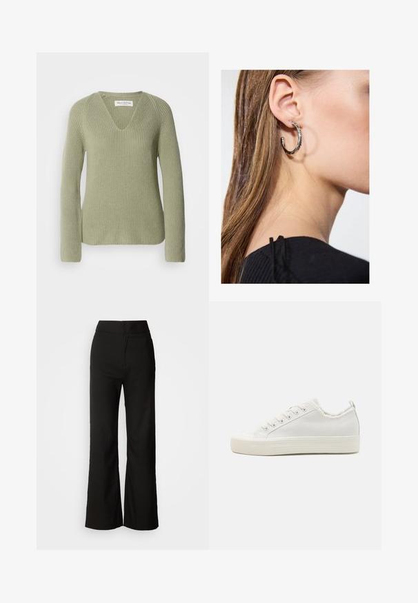 Sveter pletený v svetlozelenej farbe, s výstrihom do V, dlhými rukávmi a zdrsnenou textúrou. Štítok viditeľný na výstrihu.; Čierne široké nohavice s hladkou textúrou, vysokým pásom a jednoduchým dizajnom. Žiadne viditeľné vrecká ani ozdoby.; Biele plátkové tenisky s textúrovaným zvrškom, okrúlymi špičkami, plochou podrážkou a šnurovaním vpredu. Vyznačujú sa jemne ošúchaným golierom a pútkom.; Strieborná kruhová náušnica s lesklým povrchom, obsahujúca malé zlaté akcenty a okrúhly tvar, nosená na lalôčiku ucha.