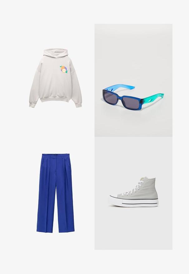 Jasnoszara bluza z kapturem, z zaokrąglonym dołem, długimi rękawami oraz kolorową grafiką owoców na piersi w odcieniach pomarańczowym, purpurowym i zielonym.; Szara i żółta w paski koszulka z krótkim rękawem, okrągłym dekoltem i dużym białym napisem "INSPIRATION COMINGS" z przodu.; Spodnie wide-leg w jasnoniebieskim materiale, z wysokim stanem, plisami i bocznymi kieszeniami. Gładka tekstura z dopasowanym krojem.; Wysokie trampki z jasnoszarej kanwy, z białymi sznurowadłami, białą gumową podeszwą i czarną pasemką wzdłuż podstawy.; Niebieskie i zielone okulary przeciwsłoneczne z prostokątnymi soczewkami; przezroczyste oprawki; fakturowane niebieskie ramiona; ciemne soczewki; wyraźne logo po boku.