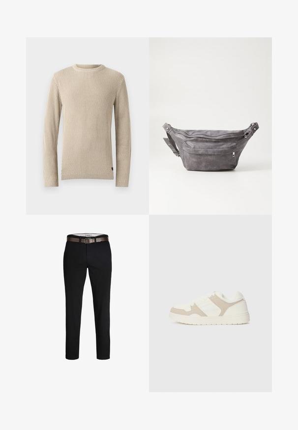 Bež pulover z rebrastim vzorcem, okroglo ovratnikom, dolgimi rokavi in teksturirano tkanino. Ima majhno oznako na robu.; Črne bombažne hlače s ravnim krojem, opremljene z rjavim usnjenim pasom in gladko teksturo. Preprost dizajn, brez vidnih vzorcev ali poudarkov.; Bež in bela športna obuvala z mešanico gladkih in semiš tekstur, okroglo konico, vezalni sistem in raven gumijast podplat.; Sivkasta zamšasta torbica s okroglo obliko, dvema žepoma na zadrgo in nastavljivim trakom. Ima kovinske dodatke.