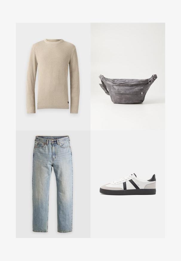 Beige geribbelde trui met een ronde hals, lange mouwen en een gestructureerde stof. Bevat een klein label aan de zoom.; Lichtblauwe denim jeans met hoge taille, frontknop, rits en vijfzakkenontwerp, plat gelegd op een neutrale achtergrond.; Witte sneaker met zwarte en grijze accenten, voorzien van een grijze neus met textuur, zwarte rubberen zool en platte witte veters. Schoon ontwerp, minimalistische stijl.; Grijze suède heuptas met een ronde vorm, twee met rits afgesloten compartimenten en een verstelbare band. Voorzien van metalen accenten.
