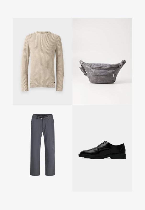 Beige geribbelde trui met een ronde hals, lange mouwen en een gestructureerde stof. Bevat een klein label aan de zoom.; Grijze, elastische broek met een trekkoord. Rechtoe-rechtaan ontwerp, gemaakt van een gladde stof, met minimale stiksels en geen zichtbare hardware.; Zwarte leren dresschoenen met een gladde afwerking, ronde neus, vetersluiting en een bescheiden rubberen zool voor grip.; Grijze suède heuptas met een ronde vorm, twee met rits afgesloten compartimenten en een verstelbare band. Voorzien van metalen accenten.