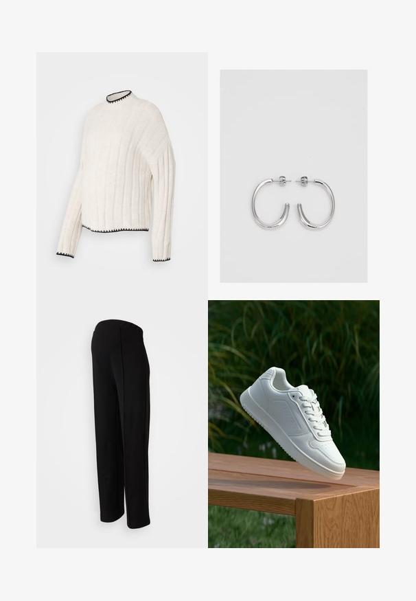 Krēmkrāsas ribota džemperis ar augstu apkakli, ar melnu apdari apkaklei un apakšmalai, izgatavots no teksturēta auduma.; Melni augstās jostas bikses ar taisnu piegriezumu, kurām ir gluda tekstūra un nav redzamu aizdaru, izceļoties ar sānu šuvju detaļām.; Baltie sporta apavi ar gludu sintētisku augšpusi, perforētu pirkstu daļu, plakani šņorēm un rakstainu zoli, novietoti uz koka virsmas.; Sudraba riņķveida auskari ar gludu, spīdīgu apdari. Apaļas formas, viegla dizaina, ar aizdari uz stieples.