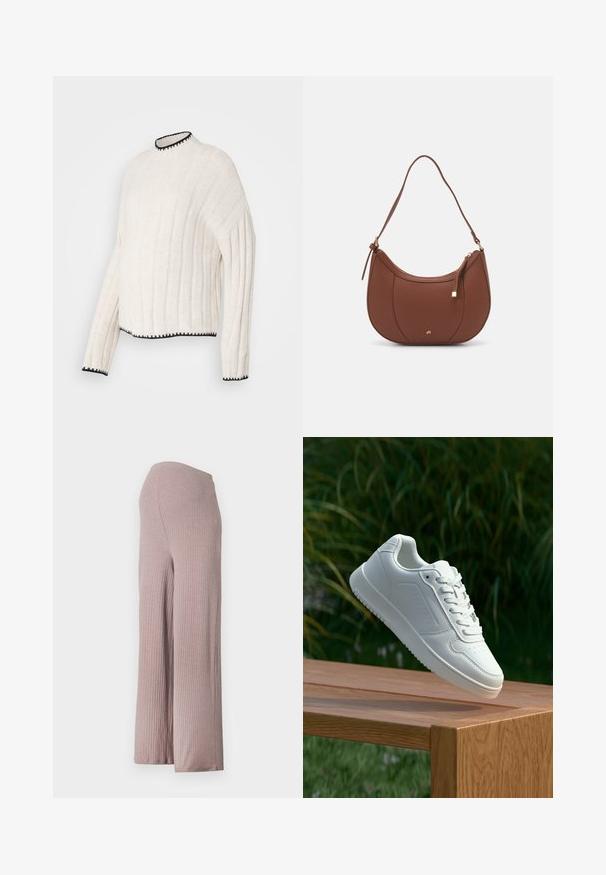 Off-white stripet genser med høy hals, med svarte detaljer på kragen og kanten, laget av teksturert stoff.; Lys rosa, ribbestrikkede vidbukser med sømløs midje, laget av et mykt, strukturert stoff og med en avslappet silhuett.; Hvite sneakers med en glatt syntetisk overdel, perforert tåboks, flate snørebånd og en teksturert såle, vist på en treflate.; Brun kunstlæder skuldertaske med buet form, minimal syning og detaljer i guld-tonet hardware. Har en top lynlås lukning og justerbar rem.