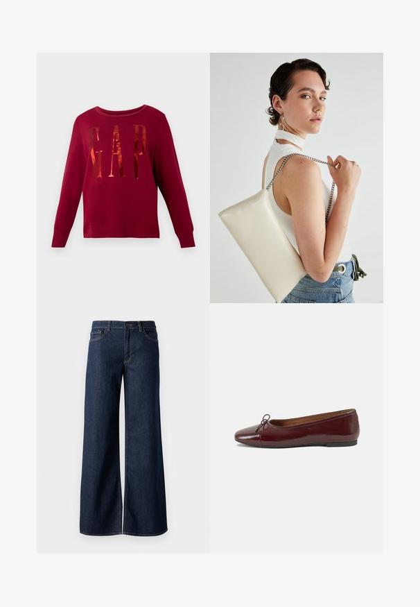 Sudadera color burdeos con cuello redondo y mangas largas. Presenta un logo dorado brillante "GAP" en la parte delantera. Tela suave, puños y dobladillo con efecto acanalado.; Jeans de pierna ancha en denim azul oscuro. Presenta costuras en contraste, cinco bolsillos y un cierre de botón en la cintura. Textura suave.; Bailarina de charol burdeos con punta redonda, pequeño lazo en la parte frontal y una suela baja de goma negra. Textura suave.; Bolso de mano rectangular blanco, hecho de un material brillante, con una cadena plateada. La modelo posa, mostrando el bolso frente a un fondo liso.