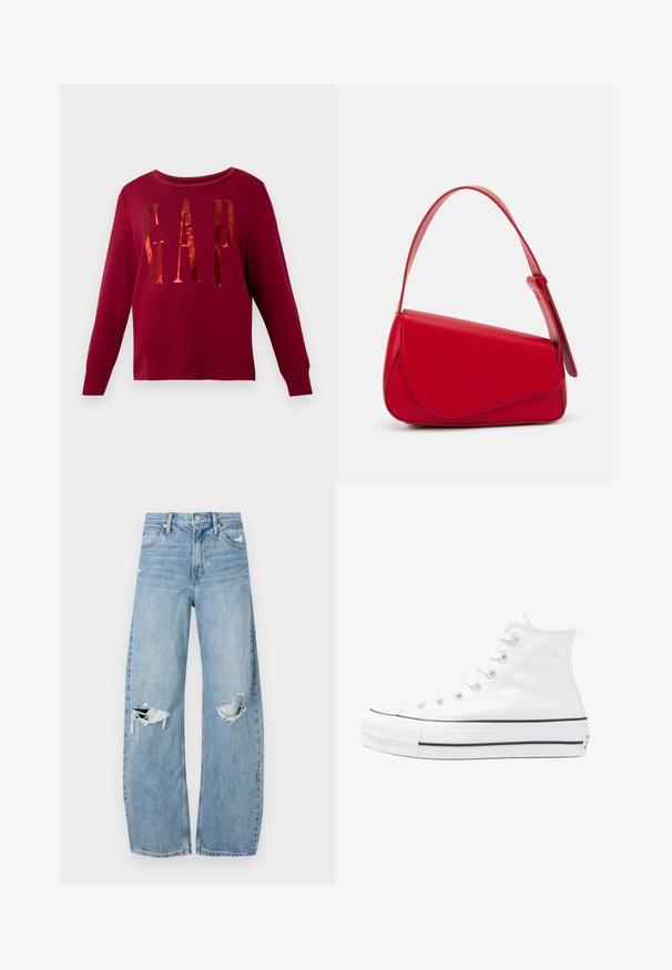 Sudadera color burdeos con cuello redondo y mangas largas. Presenta un logo dorado brillante "GAP" en la parte delantera. Tela suave, puños y dobladillo con efecto acanalado.; Vaqueros de mezclilla de tiro alto en azul claro. Tienen piernas anchas, dos áreas desgastadas en las rodillas y un estilo clásico de cinco bolsillos.; Zapatilla de lona alta blanca con suela de goma negra, puntera de goma frontal y seis ojetes para los cordones, que presenta un diseño limpio y minimalista.; Bolso de cuero rojo con un diseño angular y geométrico. Cuenta con una única correa ajustable y un cierre de solapa con detalles de costura.