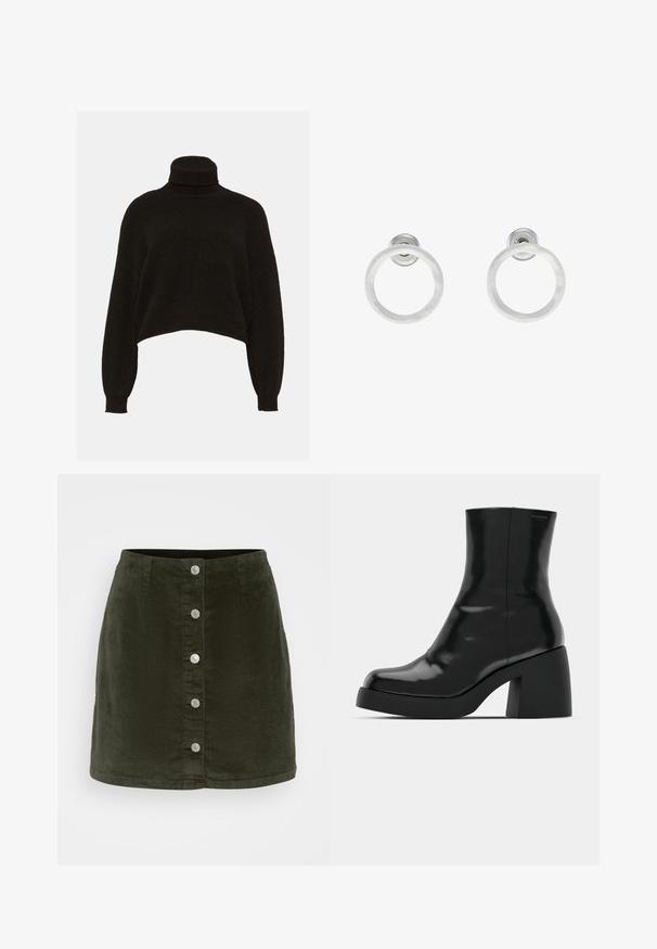Čierny, cropped rolák so štruktúrovaným pletením a dlhými rukávmi. Obsahuje priliehavý golier a rebrované manžety.; Tričko s dlhým rukávom v crop štýle, poskladané jedno na druhé v bielej, béžovej a tlmenej morskej farbe, s okrúhlym výstrihom na svetlo šedom pozadí.; Vero Moda Petite VMETTA SHORT SKATER - sukňa v tvare A - forest night; Čierne členkové topánky s lesklým povrchom, štvorcovou špičkou a širokým blokovým opätkom. Dizajn sa vyznačuje bezšvovou siluetou a minimálnym brandingom.; Strieborné kovové náušnice vo forme kruhov s brúsenou textúrou, so zaobleným dizajnom a priehľadným zarážkou pre bezpečné nosenie.