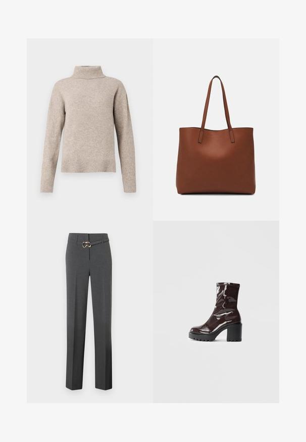 Beżowy sweter z golfem, wykonany z miękkiego materiału dzianinowego. Posiada prążkowany kołnierz i mankiety, z lekkim, oversize'owym, luźnym krojem.; Ciemnoszare damskie spodnie o prostych nogawkach, z cienkim pasem w tym samym kolorze, ozdobionym złotą klamrą.; Błyszczące bordowe botki za kostkę z masywną czarną obcasem, charakteryzujące się gładką teksturą i prostym wzornictwem. Brak widocznych zapięć lub wzorów.; Brązowa skórzana torba tote o gładkiej fakturze, z otwartym wierzchem i dwoma ramiączkami. Charakteryzuje się minimalnym przeszyciem i brakiem widocznych elementów metalowych.