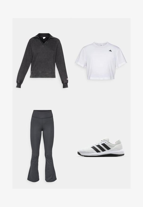 Tumehall pullover-sweater, valmistatud pehmest ja tekstuuriga kangast. Omab sügavat V-kaela, pikki varrukaid ja ribatud mansette, rinnal on logo.; Valge lühikeste varrukatega krobitud t-särk, mis on valmistatud pehmest kangast ja millel on ümmargune kaelus. Vasakul rinnal must logo.; Hallideg pinguldavad leggingsid, millel on pikendatud alumine osa, valmistatud siledast ja venivast materjalist, kõrgema vöökoha ja õmblusteta konstruktsiooniga.; Valged spordijalatsid, mis on valmistatud hingavast võrgust, mustade kolme riba aktsentidega, tekstureeritud kanna ja kummist tallaga, mis tagab haarde.