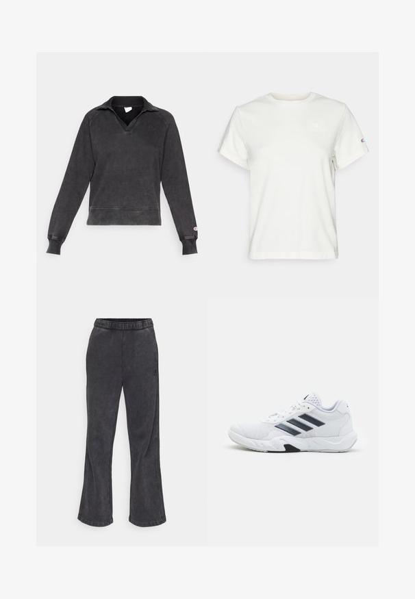 Sweter z długim rękawem w ciemnoszarym kolorze, wykonany z miękkiego, teksturowanego materiału. Posiada głęboki dekolt w kształcie litery V, długie rękawy oraz ściągacze na rękawach, a na jego piersi znajduje się logo.; Biała bawełniana koszulka z krótkim rękawem, z okrągłym dekoltem i małym logo na górnej lewej części klatki piersiowej. Miękka tekstura i standardowy krój.; Spodnie dresowe w kolorze ciemnoszarym z rozszerzanymi nogawkami, wykonane z miękkiego materiału. Posiadają elastyczny pas i haftowane logo po boku.; Białe buty sportowe z siateczkową cholewką, trzy czarne paski po boku, teksturowane akcenty i solidna gumowa podeszwa z kontrastującą czarną sekcją.