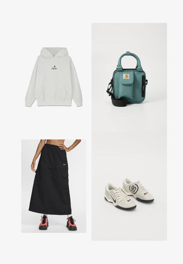 Biely mikina s kapucňou a predným vreckom. Obsahuje minimálny čierny text "Pegador" s dekoratívnym dizajnom listu nad ním. Bavlnený materiál.; Čierna športová maxi sukňa s elastickým pásom, so prednou kapsou a logom Nike. Nosí sa s farebnými športovými topánkami.; Nike tenisky s béžovým a šedým štruktúrovaným zvrškom, čiernymi akcentmi, veľkým logom "90" a bielym šnurovaním. Čierna podrážka.; Tyrkysová látková taška na rameno s krátkymi držadlami, zipsovým vreckom, vreckom na prednej klape, nastaviteľným popruhom a logom Carhartt na prednej strane.