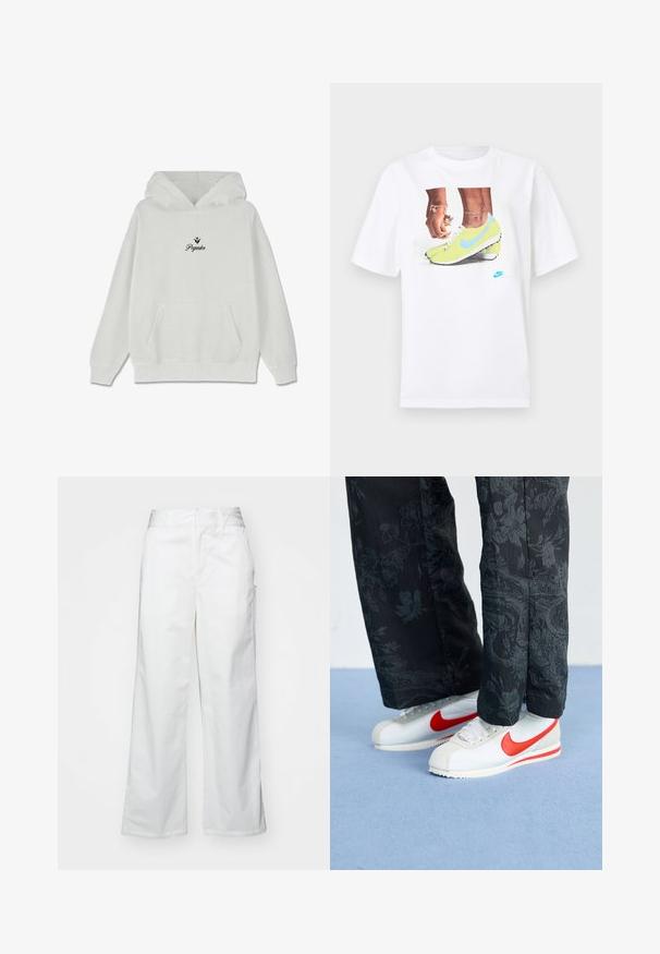 Hanorac alb cu glugă, prevăzut cu un buzunar frontal. Prezintă un text minimalist de culoare neagră "Pegador" cu un design decorativ de frunze deasupra. Material din bumbac.; Tricou alb din bumbac, prezentând un grafic cu picioare încălțate în ghete Nike galbene cu accente albastre, asociat cu o brățară pe încheietura stângă.; Pantaloni largi albi din bumbac, cu o textură fină, croi drept, buzunare frontale și tiv curat.; Adidași albi Nike cu accente roșii, asortați cu pantaloni negri cu un model floral. Textura este netedă, cu o talpă plată împletită.