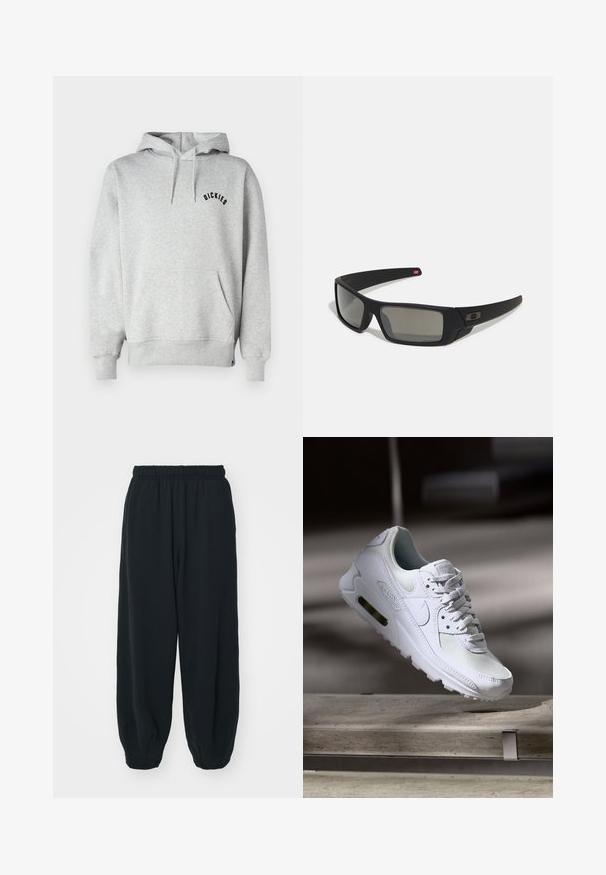 Dickies PHANTER HOODIE - Jersey con capucha - grey; Pantalones de chándal negros con cintura elástica, de corte holgado, con puños en los tobillos, textura suave y sin patrones visibles ni acentos metálicos.; Zapatilla Nike Air Max 90 blanca con parte superior de malla y cuero, caja de puntera perforada y unidad de aire visible en el talón.; Gafas de sol negras con acabado mate, lentes rectangulares, ligera curvatura en las patillas, sutil detalle del logo y lentes ahumados.