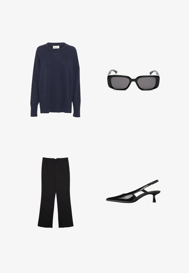 Tamno plavi pleteni pulover s okruglim izrezom, spuštenim ramenima i rebrastim donjim rubom. Ima mali logo na lijevom rukavu. Mekana tekstura.; Crne hlače ravnog kroja, s prednjim džepovima i bočnim prorezima na rubu. Izrađene od mekog i glatkog materijala. Pogodne za razne prigode.; Crne lakirane natikače na remenčić sa špicastim nosom, dizajnom sa izrezima sa strane i malim kvadratnim potplatom. Glatka tekstura s minimalnim akcentima.; Crne pravokutne sunčane naočale s tamnim lećama, glatkim plastičnim okvirom i zakrivljenim državama. Dizajn je masivan s minimalističkom estetikom.