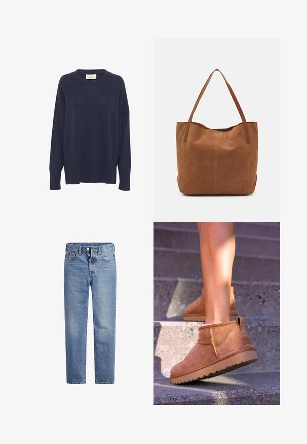 Navyblauer Strickpullover mit Rundhalsausschnitt, überschnittenen Schultern und geripptem Saum. Ausgestattet mit einem kleinen Logo am linken Ärmel. Weicher Stoff.; Helle blaue Jeans im geraden Schnitt, mit fünf Taschen und einem Knopfverschluss. Sie weisen dezente Verfärbungen und orangefarbene Nähte auf.; Beige Wildleder-Ankelstiefel mit weicher Textur, gesteppten Details und einer Gummisohle, ausgestattet mit einer Schlaufe an der Ferse für einfaches An- und Ausziehen.; Braune Wildleder-Tote mit zwei langen Henkeln, die eine glatte Textur, ein einfaches Design und keine sichtbaren Beschläge oder Akzente aufweist.
