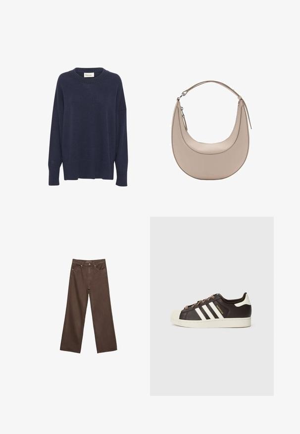 Námornícky modrý pletený sveter s okrúhlym výstrihom, spustenými ramenami a rebrovaným lemom. Obsahuje malé logo na ľavom rukáve. Mäkká textúra.; Džínsy s širokými nohavicami v hnedej farbe, vyrobené z denimu, so zvýšeným pásom, prednými vreckami a klasickým zapínaním na gombík. Hladká textúra s jemným prešívaním.; Nízke tenisky Adidas Superstar z tmavohnedej kože s béžovou špičkou, bielymi pruhmi a nápisom „Superstar“ na boku.; Béžová kožená taška cez rameno s polkruhovým tvarom, hladkou textúrou a jedným zakriveným uchom. Obsahuje zipsové uzatváranie a úhľadné švy.