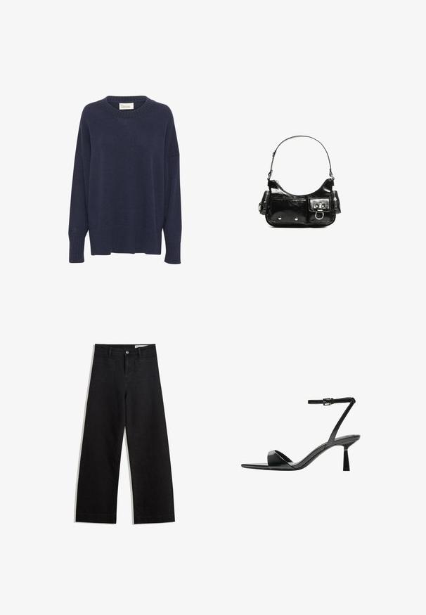 Navyblauwe gebreide trui met een ronde hals, verlaagde schouders en ribgebreide zoom. Beschikt over een klein logo op de linker mouw. Zachte textuur.; Zwarte denim broek met wijde pijpen en een hoge taille, voorzien van voor- en achterzakken, gestikte naden en een knoopsluiting. Gladde textuur.; Bershka Sandalen met hoge hak - black; Zwarte laarzen in lakleer met een gebogen vorm, één schouderband, voorvakken en accenten in zilverkleurig metaal.