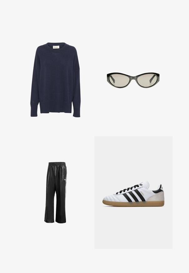 Navyblauer Strickpullover mit Rundhalsausschnitt, überschnittenen Schultern und geripptem Saum. Ausgestattet mit einem kleinen Logo am linken Ärmel. Weicher Stoff.; Schwarze synthetische Sporthosen mit elastischem Taillenbund, ausgestattet mit weißen Seitenstreifen und einem kleinen weißen Logo auf der linken Hüfte.; Weiße Adidas Samba Sneaker mit schwarzen Streifen, schwarzen Schnürsenkeln, beigem Wildleder-Fersenbereich und Gummiaußensohle, gezeigt im Profil von der linken Seite.; Schwarze Cat-Eye-Sonnenbrille mit grau getönten Gläsern. Der Kunststoffrahmen hat scharfe Kanten und eine glatte, glänzende Oberfläche.